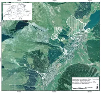Fig. 1. Study area in the municipality of Davos. The hatched raster represents the avalanche run-out areas (scenario2000)