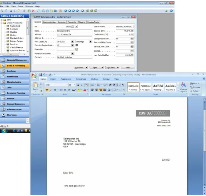 Figure 1 Tight integration with Microsoft Office enables users to create letters using Microsoft Word  from within the Microsoft Dynamics NAV application