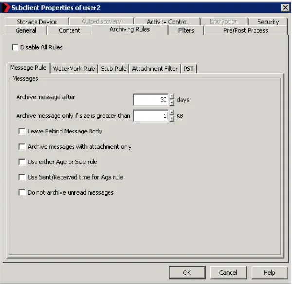 Figure 2: Subclient Properties Dialog Box, Archiving Rules Tab