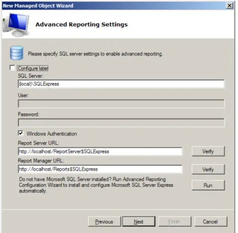 Figure 17: New Managed Object Wizard – Advanced Reporting SQL Settings dialog box 
