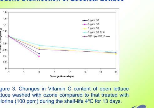 Figure 3. Changes in Vitamin C content of open lettucelettuce washed with ozone compared to that treated withchlorine (100 ppm) during the shelf-life 4ºC for 13 days.