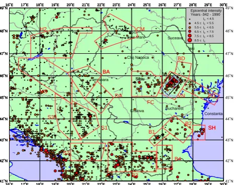 Fig. 2. Seismic hazard from source zones of normal depth for arecurrence period of 475 years; colours represent the intensities inMSK.