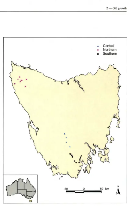 Figure 2. I. Location of old growth mi-Xed forest sites in Tasmania. 