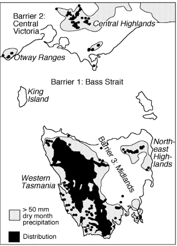 Fig 2.1 The current distribution of range based on the average rainfall of the driest month (grey; Busby 1986)