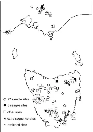 Fig 3.1 The 170 sites sampled for initial eight sample screening size; open squares represent other sites not used in the former samples that were used in the 72 sample screening; filled circles represent samples used in the analyses; stars represent those