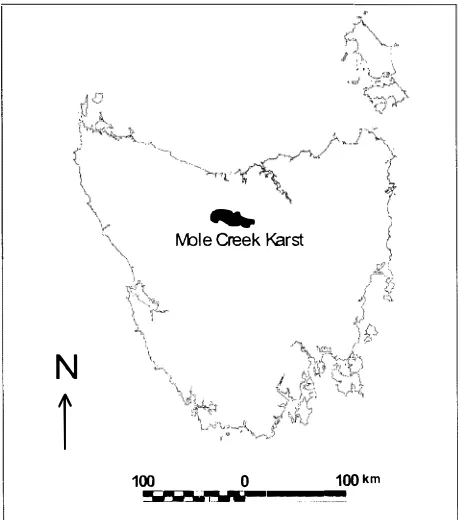 Fig. I - Location of Mole Creek karst, Tasmania.