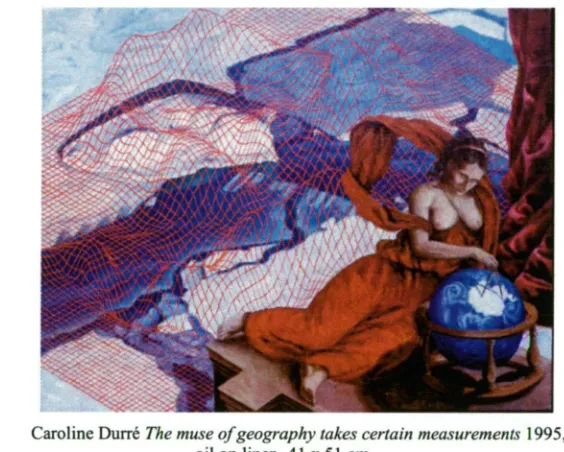 141. figure.  Caroline Dune The muse of geography takes certain measurements 1995, oil on linen, 41 x 51 cm