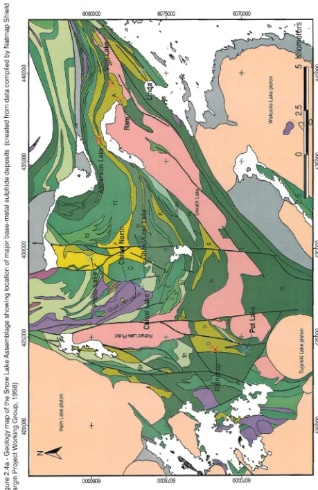 Figure 2.4a - Geology map of the Snow Lake Assemblage showing location of major base-metal sUlphide deposits (created from data compiled by Natmap ShieldMargin Project Working Group, 1998)