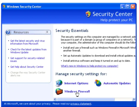 Figure 7: Windows Firewall Selection on the Windows Security Center   When  the  Windows Firewall dialog opens, click on the Exceptions Tab