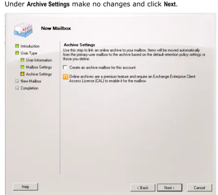 Figure 2-5  New Mailbox - Archive Settings