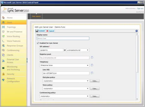 Figure 7  Microsoft Lync Server 2010 Configuration - Configure User  Configure the following user settings: 