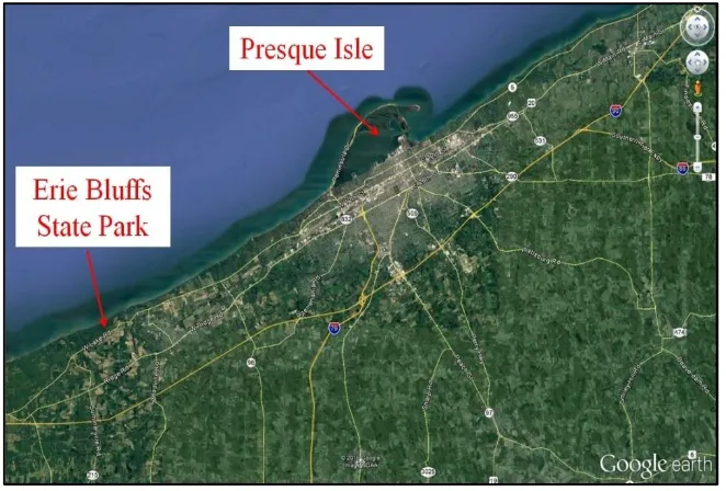 Figure 1: Erie Bluffs State Park location (image modified from Google Earth).   