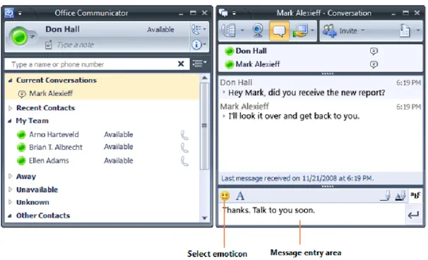 Figure 6.1.   The Office Communicator window and the Conversation window  To start an instant messaging session with a single contact 
