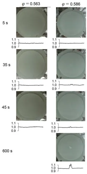 Figure 3.11 Images of suspensions of 74-μm glass spheres in Dow Corning 200 Fluid 300,000 cSt with volume fractions of 0.563 and 0.586 squeezed with a constant-force of 4.45 kN for different periods of time