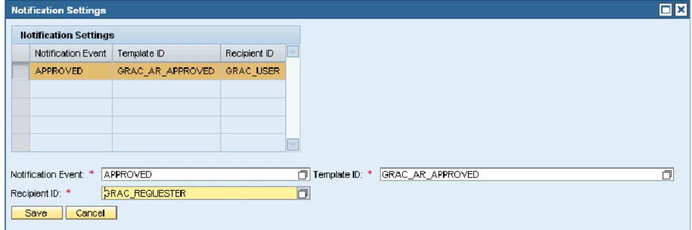 Figure 12: Select Notification Events, Template IDs and Recipient IDs as needed  