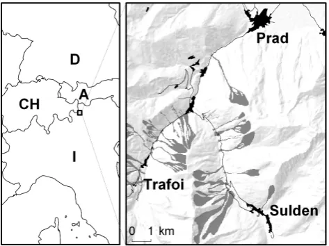 Fig. 1: Study area Sulden Road, Ortles Alps, South Tyrol, Italy.  the total number of avalanche paths crossing the road section is presented, related to the classified amount of new snow
