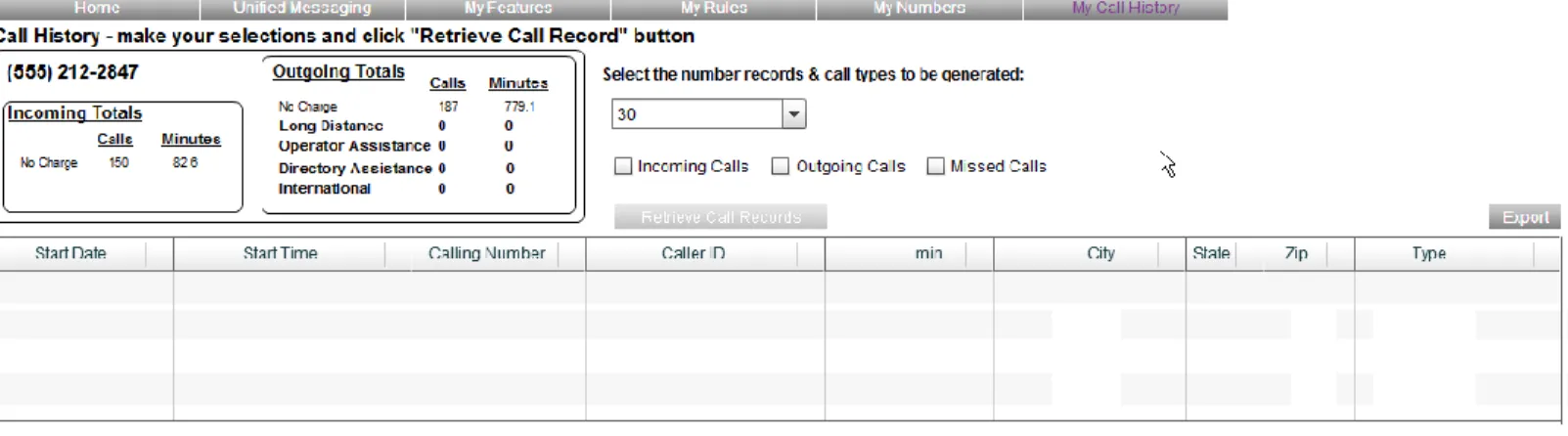 Figure 4 Call History panel user interface 