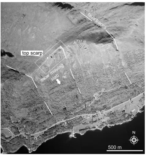 Fig. 4. Orthophoto of the Oppsatdhornet area (summit at 737 m),with the scarp and the fault traces limiting the main landslide (rect-angle: area represented in Fig