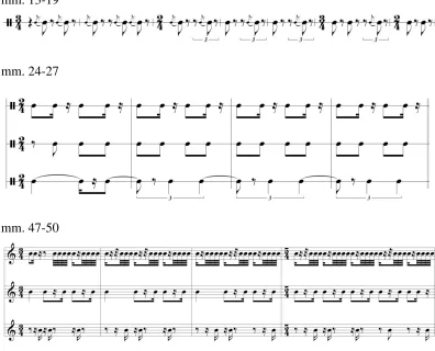 Figure 2.4. Execution rhythms (minus definite pitches) at mm. 13-19,  mm. 24-27, and mm