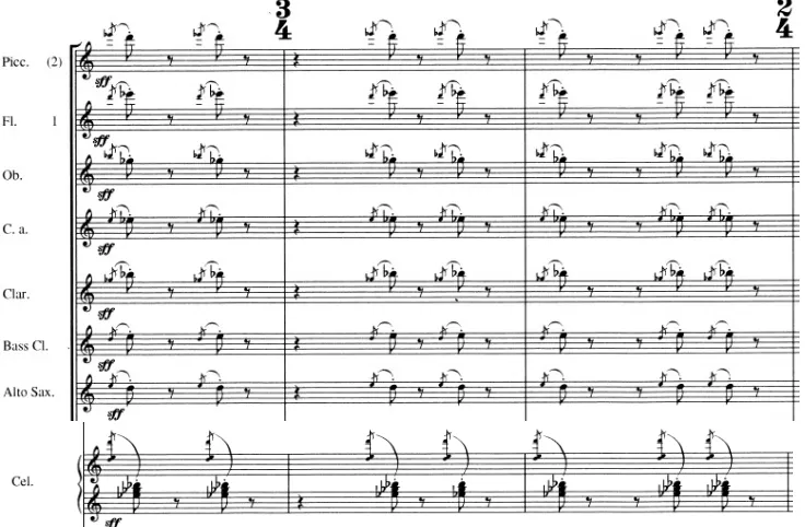 Figure 2.5. Cluster chords and rhythms; Dies irae, mm. 12-1442