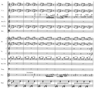 Figure 2.6. Cluster chords and rhythms; Dies irae, mm. 24-2843 