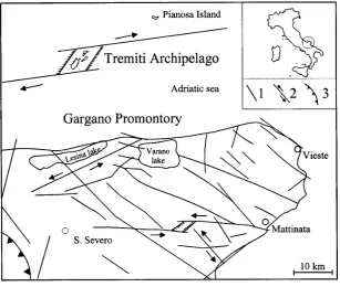 Fig. 1. Schematic structural map of the Tremiti Archipelago and Gargano Promontory. The circle in the box at the top right represents the  area of the tectonic scheme shown.Fig