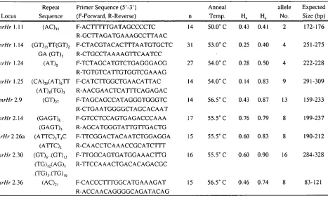 Table 2-1 Blacklip abalone (Haliotis rubra) microsatellite primer sequences, repeat descriptions, annealing temperatures and expected allele sizes