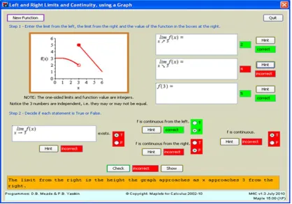 Figure 3.2 Screen shot of Continuity given a Graph Maplet after using ‘check’ and ‘hint’ for right limit