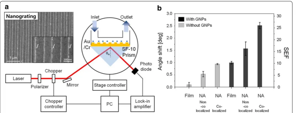 Fig. 7 a Schematic of a surface plasmon resonance sensing configuration with a gold nanostructured grating and gold nanoparticles