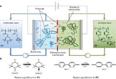 Fig. 2 redox-active macromolecules while allowing small salt ions to pass. During the charging/discharging process, a solution of the redox-active polymers P1 and P2 is continuously transported from the electrolyte reservoirs to the electrochemical cell, c