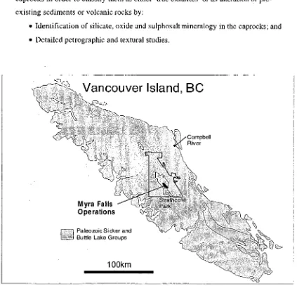 Figure 1.1: Location map of Myra Falls VHMS camp, Vancouver Island, BC. The VHMS deposits are hosted by the Paleozoic Sicker Group, which form the basement rocks of the island (see Figure 2.1 for a more detailed map of the area)