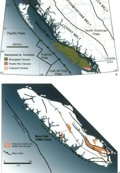 Figure 2.1: a) Tectonic setting of Vancouver Island; b) Regional geological setting of Myra Falls VHMS camp, Vancouver Island