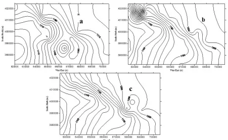 Fig. 5. The kriged map of the groundwater Mean level a) Normal, b) Wet and c) Dry. 