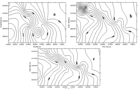 Fig. 6. The kriged map of the groundwater Minimum level a) Normal, b) Wet and c) Dry. 