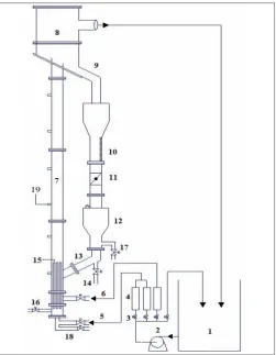 Figure 1. Schematic diagram of the experimental setup. (1) Liquid reservoir; (2) Pump; (3) Valve; (4) Flow meter; (5) Primary Liquid Inlet; (6) Auxiliary Liquid Inlet; (7) Riser; (8) Liquid-Solid Separator; (9) Solid Return Pipe; (10) Graduated Scale (mm);