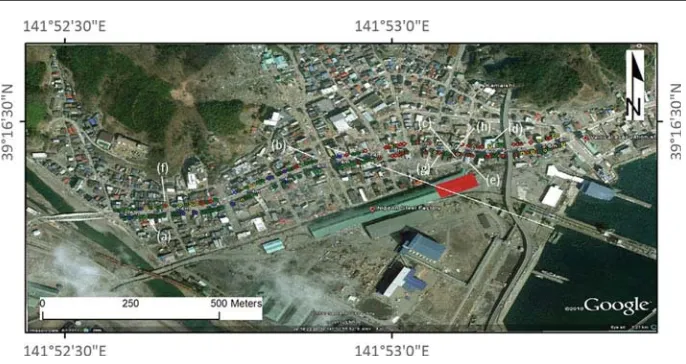 Fig. 3 Damage survey in Kamaishi City with individual buildings plotted to show construction and damagebuilding (red polygon), and vertical evacuation building are also shown.buildings shown in Fig.level