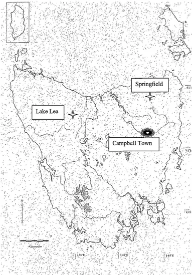 Figure 1: Map of Tasmania showing Campbell Town, the site of the first reported cases of ulcerative mycosis of platypuses in 1982