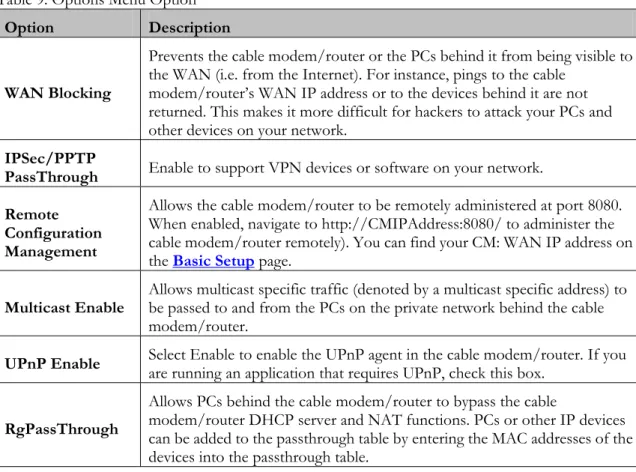 Table 9. Options Menu Option 