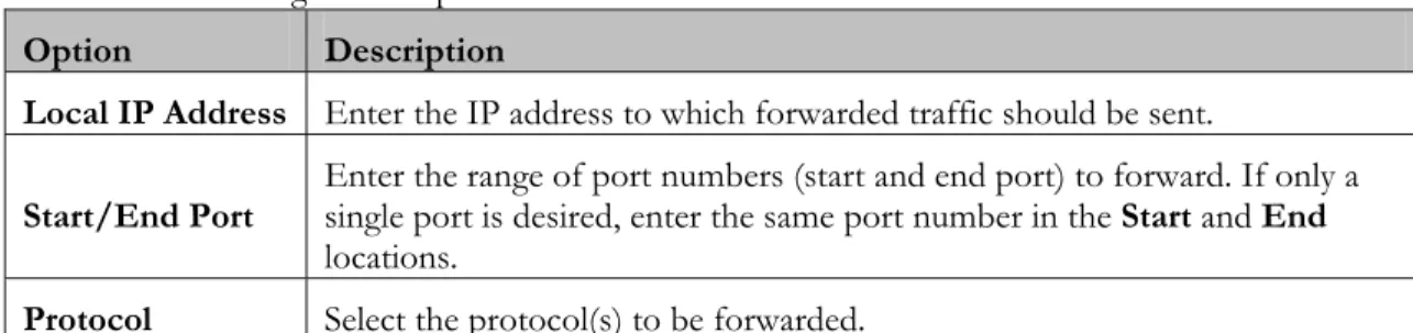 Table 13. Forwarding Menu Option  Option  Description 