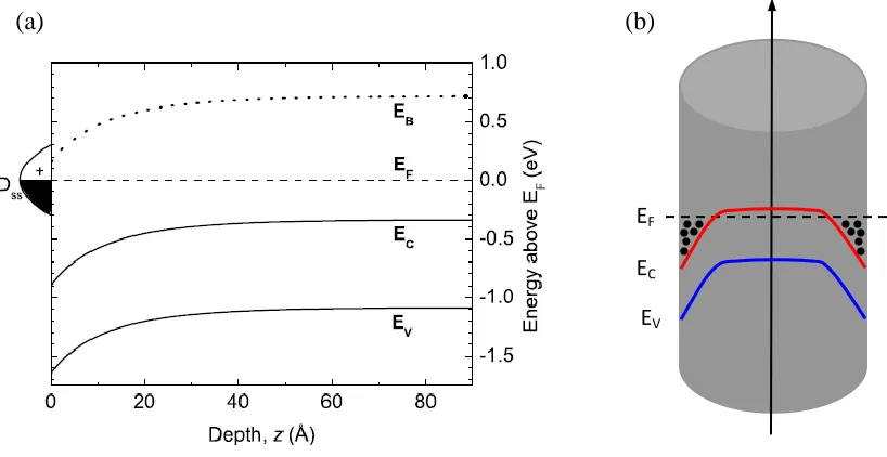 Figure 4.3: The conduction and valence band edges (EC and EV, solid lines) and the branch-point energy (EB, dotted line) with respect to the Fermi level (EF, dashed line) in the near-surface region of InN(0001)