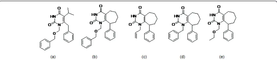 Figure 1 The structural formulas of TNK651 and PCP derivatives. (a)TNK-651, (b)1-[(benzyloxy) methyl]-9-phenyl-cyclohepta[d]pyrimidinedione (BmPCP), (c) 1-Allyl -9-phenyl-cyclohepta[d ]pyrimidinedione(APCP), (d)1-Benzyl -9-phenyl-cyclohepta[d]pyrimidinedione(BPCP),(e)1-(Ethoxymethyl)- 9-phenyl-cyclohepta[d]pyrimidinedione (EPCP)