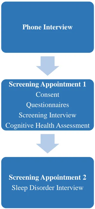Figure 2.2. Screening Process Flow Chart. Screening process began a phone interview to ensure general inclusion criteria are met (age, sleep, etc.); first screening appointment included consent, questionnaires (Patient Health Questionnaire ≥ 10, Beck Scale for Suicide Ideation >11), screening interview (questions regarding health and behavior), and cognitive health assessment (Mini-Mental State Examination ≤ 26); second screening appointment included interview with sleep physician to screen for sleep disorders.