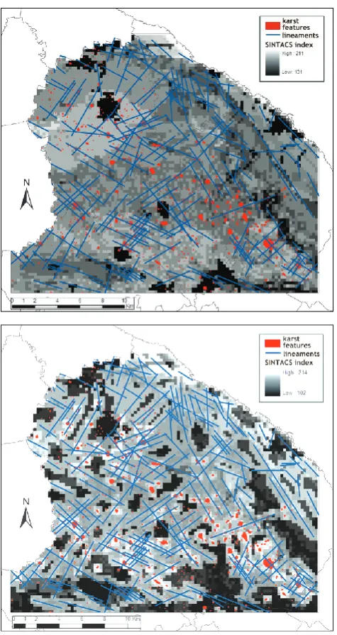 Fig. 4.Grey scale variation of SINTACS R5 index overlappedby superﬁcial lineaments and karst features (both doline and caveplans) mapped in the area; (a) original SINTACS R5 index varia-tion which does not agree with the features mapped; (b) modiﬁedSINTACS index well related with the features mapped in the area