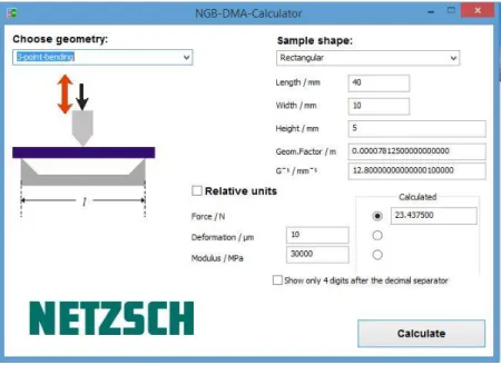 Figure 7: Netzsch DMA calculator used in the experiment design phase. 