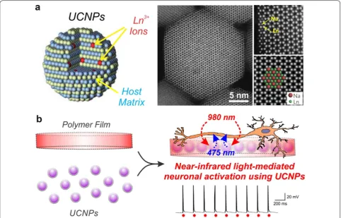 Fig. 5 Upconversion nanoparticles (UCNPs). a Schematic illustration (left) of UCNPs composed of a crystalline host and lanthanide dopant ions embedded in the host lattice