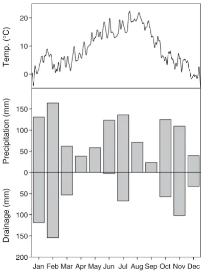 Fig. 1. Precipitation, temperature (—) and estimated drainage at 1 mdepth in the experimental year.