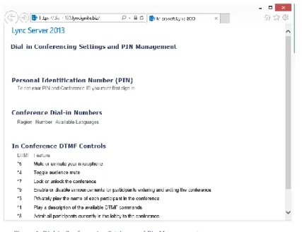 Figure 1: Dial-in Conferencing Settings and Pin Management page  Note: You may see the following error and it can be ignored