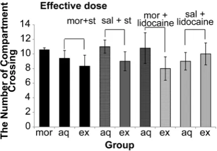 Figure  6:  Reversible inactivation of DRN by lidocaine with effect and non-effect doses of morphine on expression of conditioned place preference, (One way ANOVA, Tukey’s: P = 0.250)