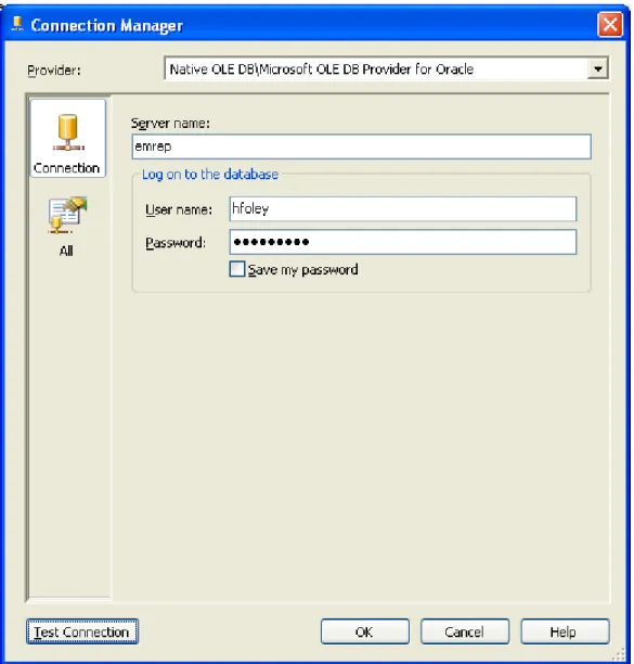 Figure 1. Input your Oracle connection information in OLE DB Source. 