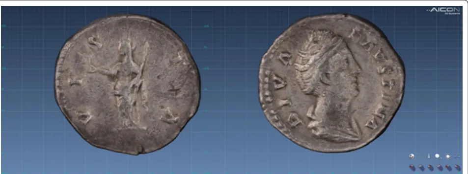 Fig. 9 3D structured light scan of Coin B, reverse and obverse. Colour information mapped from an external camera (Dirk Rieke-Zapp, Aicon 3D Systems)